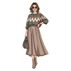 Naklejka premium Fashionable Woman in Sweater and Midi Skirt, Stylish Autumn Outfit with Handbag and Boots