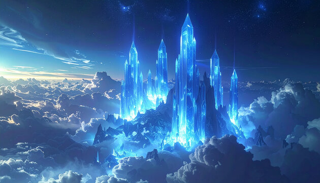 A serene fantasy landscape featuring snow-covered mountains under a blue sky with abstract clouds and a glowing sun at the horizon