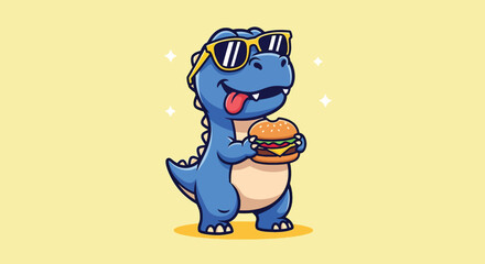 Cool Blue Dinosaur Wearing Sunglasses Eating a Delicious Burger. © NFS Studio