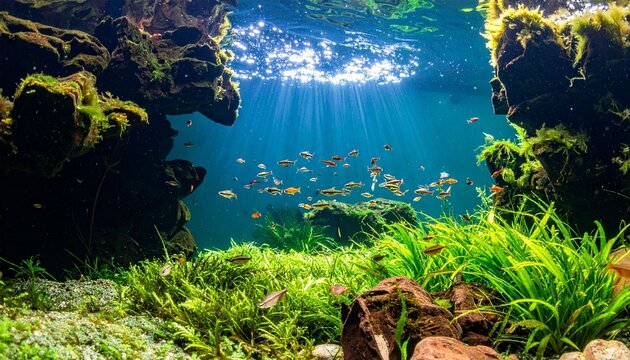 Tropical coral reef and fishes thrive in clear blue underwater nature during a summer travel vacation to a sunny island coast