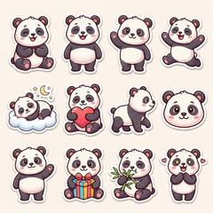 Obraz premium Cute Panda Character Sticker Pack with 12 Playful Black and White Animal Designs for Branding, Planner and Packaging Us