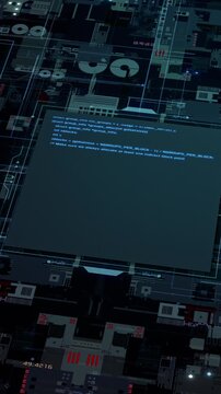 close-up view of an abstract futuristic circuit board, with computer source code scrolling above the cpu, vertical video (3d render)