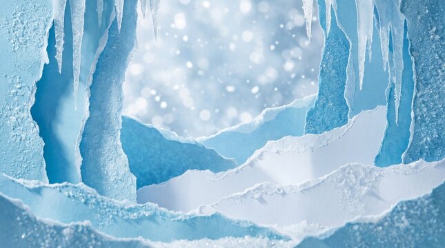 ice cave with icicles and snowy landscape in winter