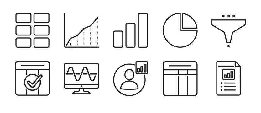 Dashboard and Analytics Vector Icons Set &ndash; Minimal outline style contain Charts, KPI, Data Filter, Monitoring, User Analytics, Reports, Table, Overview Outline Collection