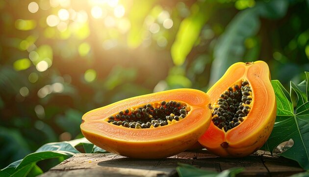Freshly sliced ripe orange papaya fruit with black seeds sits on a rustic wooden table in Thailand, offering a juicy and delicious tropical dessert