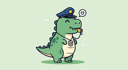 Cute Dinosaur Police Officer Blowing Whistle Illustration. © NFS Studio