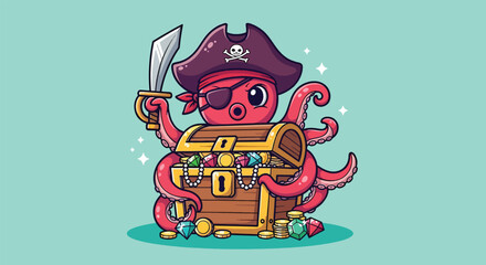 Cute Octopus Pirate with Treasure Chest Cartoon Vector Illustration. © NFS Studio