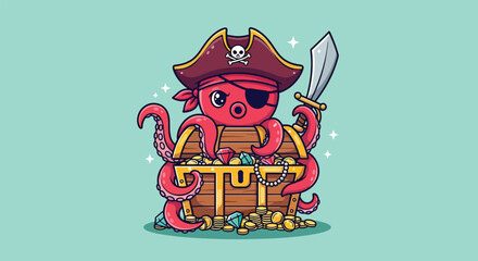 Cute pirate octopus with sword and treasure chest. © NFS Studio