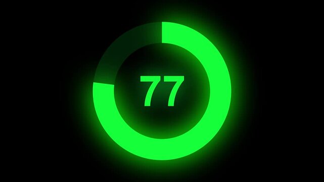 Abstract numerical counting from 0 to 77. Countdown timer from 0 to 77 seconds real time. Modern flat design of countdown animation. Circular progress bar.