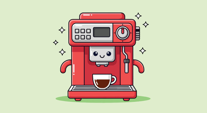 Cute Red Espresso Machine Character Serving Fresh Coffee.