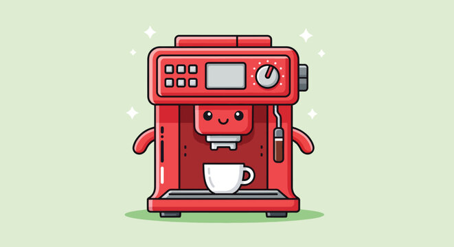 Cute Red Espresso Machine with Happy Face Illustration.