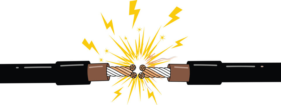 Exposed electrical cables sparking with copper wires and lightning bolts, dangerous short circuit illustration highlighting power surge risk