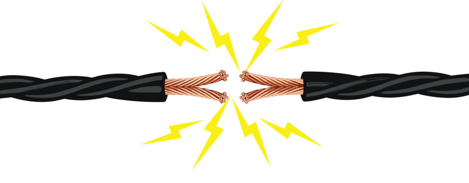 Exposed electrical wires with copper ends sparking, dangerous electricity hazard illustration showing conductivity, short circuit and power risk