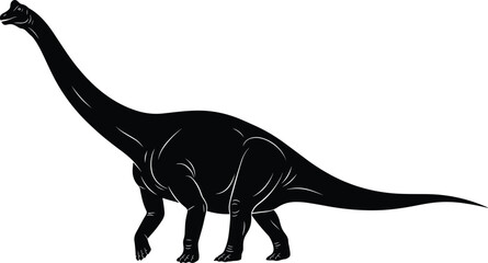Silhouette illustration of giant sauropod dinosaur with long neck, prehistoric animal artwork highlighting ancient wildlife, paleontology, and educational design © Amina