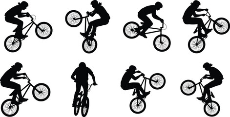 Obraz premium Silhouette illustrations of BMX riders performing tricks, showcasing extreme sport, dynamic stunts, athletic skill, and creative biking motion
