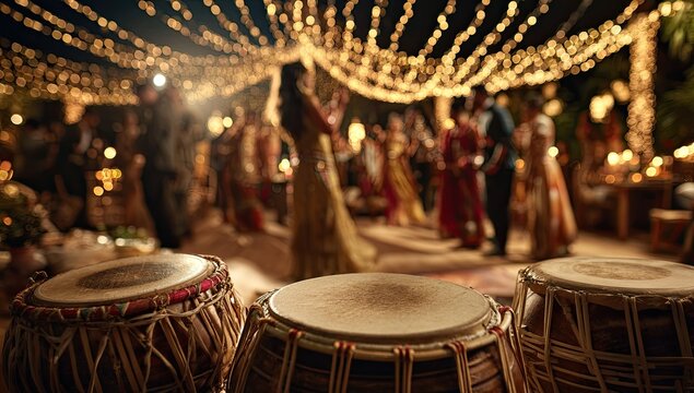 Festive outdoor celebration with string lights, drums, and dancing guests