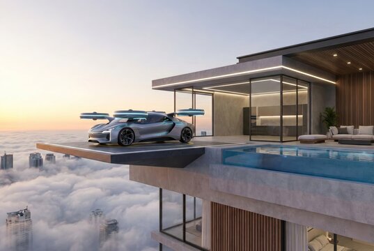 Modern flying vehicle on a skyscraper helipad with a sunset cloudscape