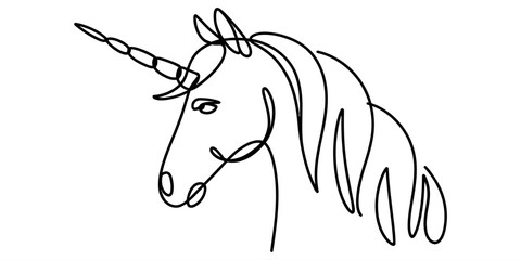 Continuous line drawing of a mythical unicorn head with a spiral horn and flowing mane. © Tona Drawing Gallery