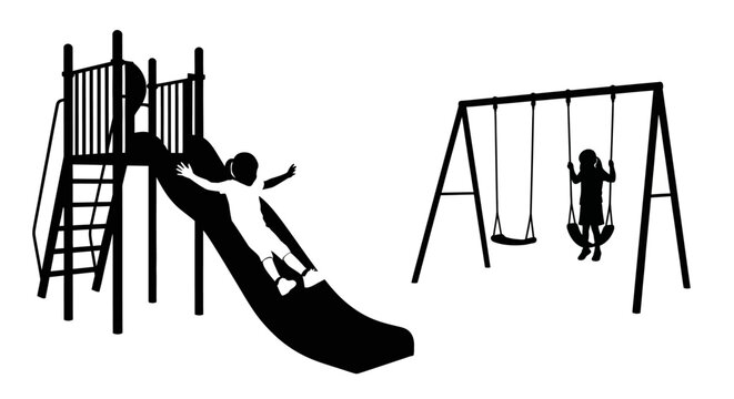 Children playing on a playground with a slide and swings silhouette