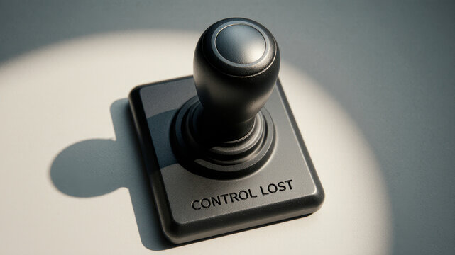 Control joystick labeled control lost symbolizing loss of authority inability to manage systems and breakdown of operational command structures