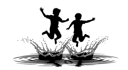 Two joyful children leaping from water splashes a striking silhouette © Mdselim