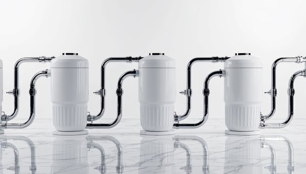 Row of identical white purification units with connected pipes