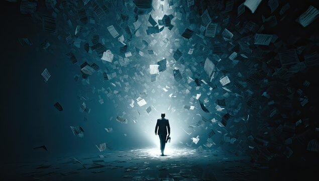A lone figure stands in a beam of light, surrounded by a swirling vortex of falling papers