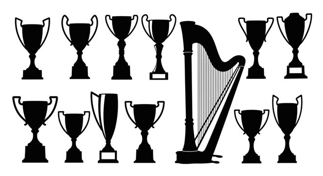 A collection of trophy and harp shapes depicted in black silhouette