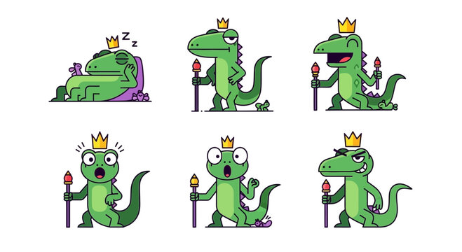 Cute cartoon dinosaur king sticker pack, flat design vector illustration