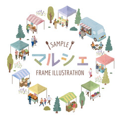 Fototapeta premium 水彩風アイソメトリックのマルシェフレーム 屋外マーケットと人々のイラスト