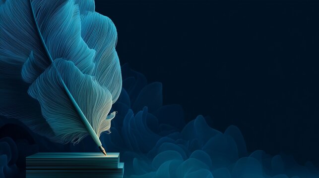 Quill Pen with a Luminous Feather Writing on a Book an Elegant Abstract Concept for Creativity Literature and Storytelling on a Dark Blue Background