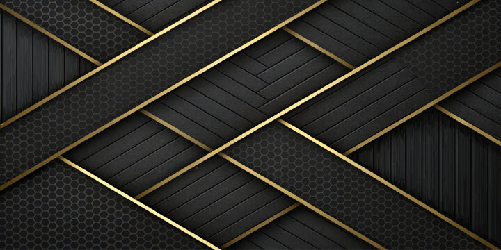 Luxury Black and Gold Geometric Background with Modern Overlapping Metallic Line Pattern Design