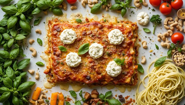 Fresh and healthy Deconstructed Vegan Lasagna concept with an emphasis on plant-based ingredients: colorful basil leaves, various oven-ready vegetables, unique cashew ricotta dollops, and wholesome zu