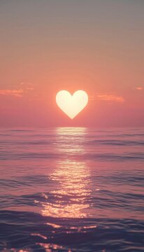Heart shaped sun setting oer a calm ocean, creating  romantic and peaceful scee with soft pink hues
