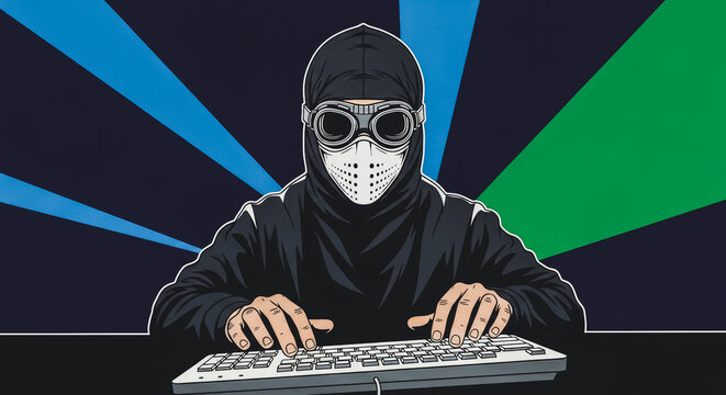 Hacker in a mask and goggles typing on a keyboard