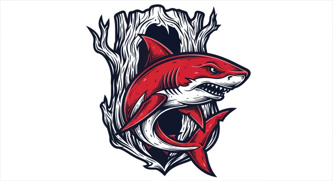 Bold red shark illustration emerging from stylized tree trunk graphic