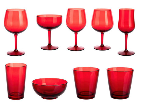 Collection of red glass drinkware and a bowl