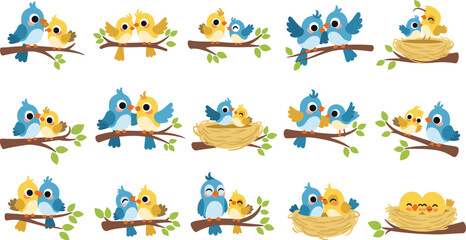 Obraz premium Cute Cartoon Birds Family Set with Parents and Chicks Sitting on Branches and Nests for Kids Illustration, Nature Scene, and Wildlife Vector Collection
