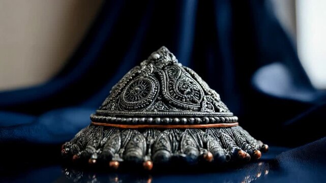 Close-up of intricate dome-shaped silver jewelry resting on dark blue draped fabric. Traditional Indian craftsmanship and metalwork