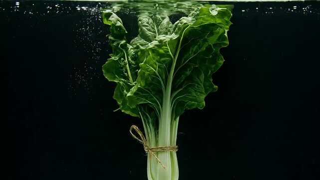 A fresh bunch of green leafy vegetables, tied with string, being submerged in clear water against a dark background, with bubbles.