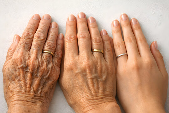 Three hands of different ages lined up side by side with wedding rings on a textured white surface, studio shot, high key lighting