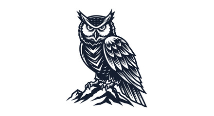 Obraz premium Detailed black and white illustration of an owl perched on a rocky mountain