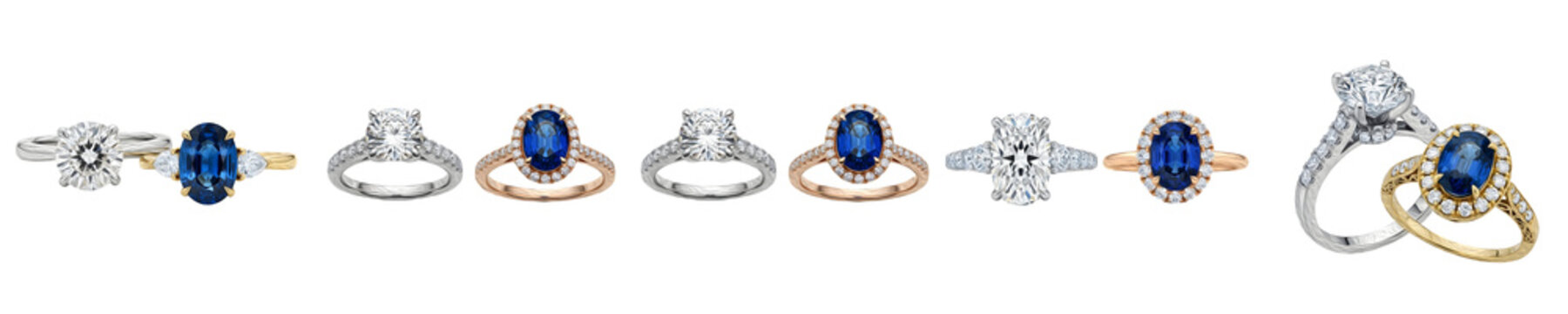 Premium Diamond and Blue Sapphire Engagement Ring Collection; High-Quality Luxury Wedding Bands in White and Yellow Gold for Bridal Jewelry Isolated on White Background PNG.