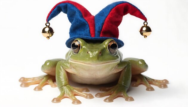 a vibrant green australian white's tree frog wearing a colorful jester hat