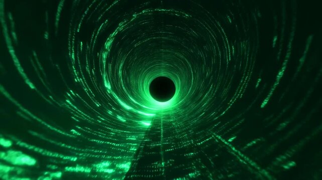 Cybernetic Green Tunnel Showcasing Rotating Lights And Streaming Digital Information For Scifi Visuals