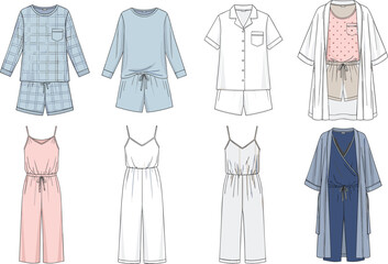 Technical fashion flat sketch collection of women's loungewear and sleepwear including pajama sets, rompers, jumpsuits, and robes with cardigans, vector illustration set © itz moni