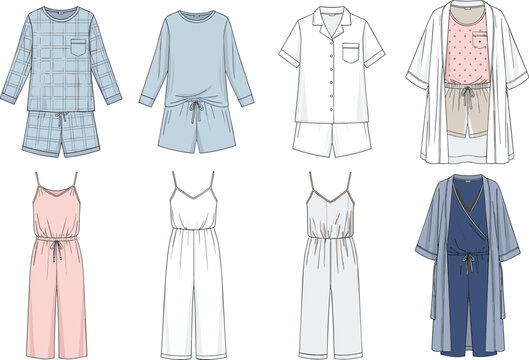 Technical fashion flat sketch collection of women's loungewear and sleepwear including pajama sets, rompers, jumpsuits, and robes with cardigans, vector illustration set