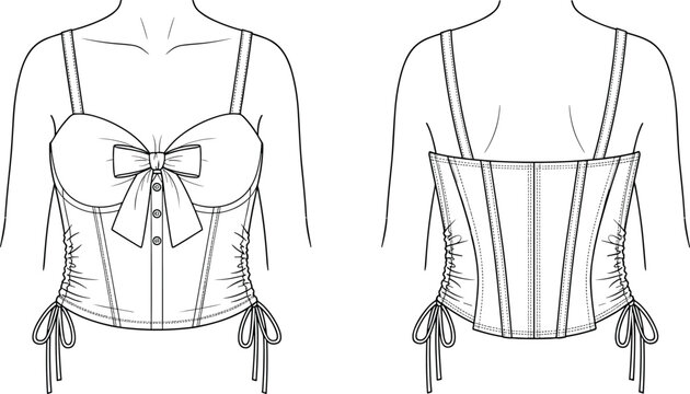 Technical fashion flat sketch of a corset top with thin straps, bow detail, button front, side ruching, and drawstring ties.