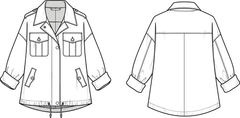 Technical fashion flat sketch of a utility anorak jacket with flap pockets, rolled sleeves, drawstring hem, and button closure front and back view. © itz moni