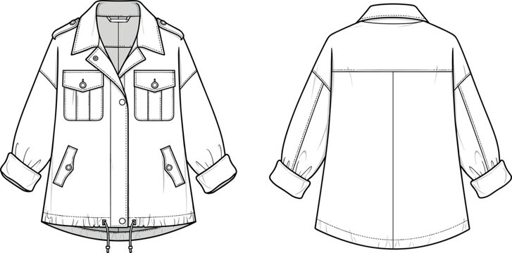 Technical fashion flat sketch of a utility anorak jacket with flap pockets, rolled sleeves, drawstring hem, and button closure front and back view.